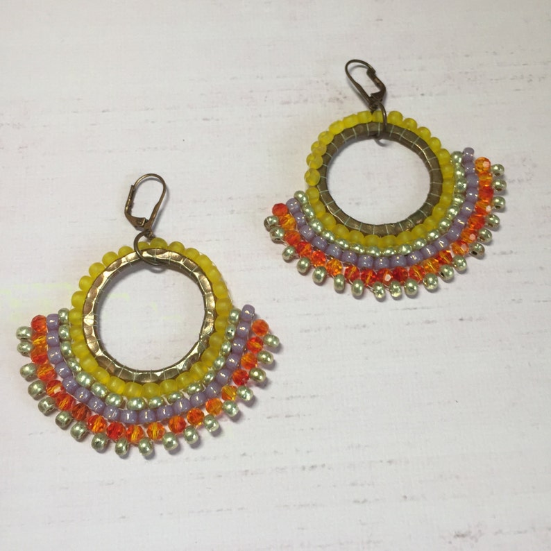 Brass Beaded Hoop Earrings Seed Bead Disc Earrings Etsy