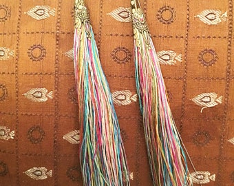 Tassel - Rainbow Silk Thread - Earrings - Brass Caps - Coral Beads - Lever Back Ear Wires - 6 1/4 Inches