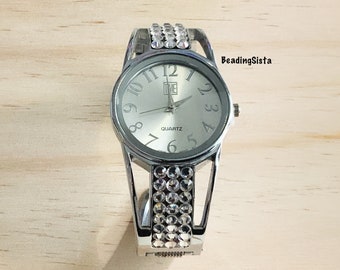 Watch - Time Quartz Watch - Silver - Rhinestone Band - 7 1/2 inches Spring Band