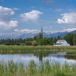 May include: A white farmhouse with a pond in front of it. The farmhouse is surrounded by green grass and trees. The mountains are in the background.