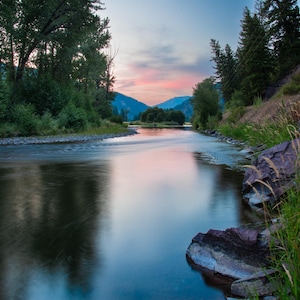 Rock Creek Montana Sunset Lustre Photo Print or High Gloss Metal Scene, Summer Sunset with Wildfire Smoke