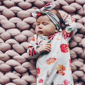 Orange floral design knotted baby gown with top knot hat or headband, baby girl coming home outfit