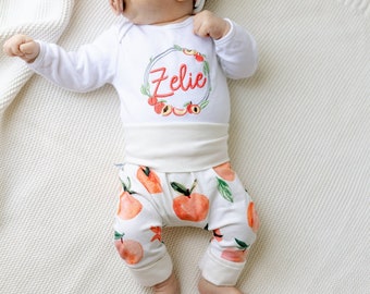 Peach baby girl outfit with embroidered name bodysuit, pants and top knot hat or headband