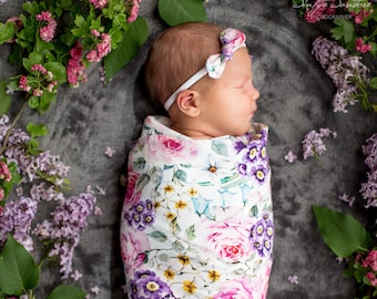 Floral swaddle blanket set with bow, headband or hat. Stretchy and soft