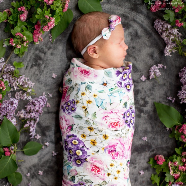 Floral swaddle blanket set with bow, headband or hat. Stretchy and soft