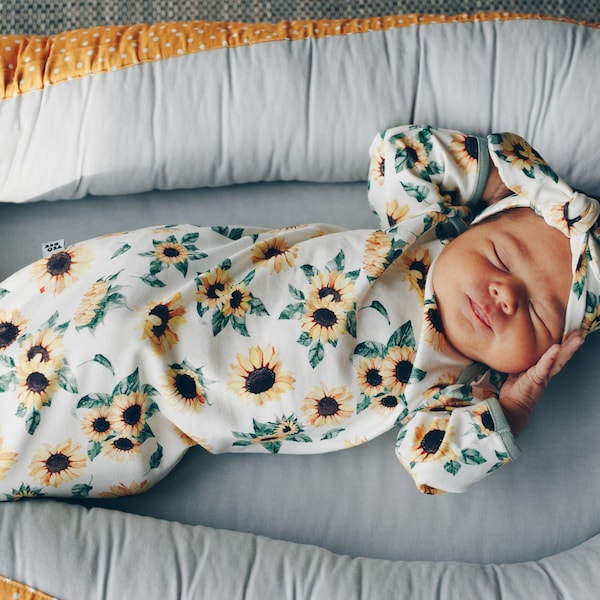 Sunflower Design geknotetes Baby Kleid mit Knotenhut oder Stirnband, Baby-Mädchen nach Hause kommen Outfit