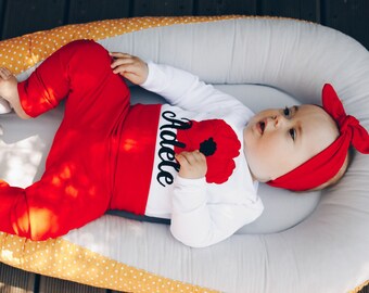 Red poppy baby girl outfit with embroidered name bodysuit, pants and top knot hat or headband