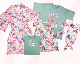 Custom floral family set maternity robe baby swaddle dad shirt big brother and sister