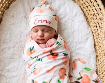 Peach fruit swaddle set with embroidered name top knot hat