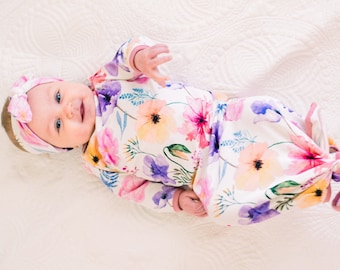 Pink and purple floral design knotted baby gown with top knot hat or headband