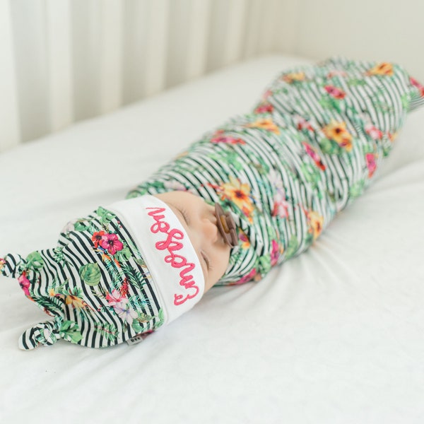 Floral jungle striped swaddle blanket 35x40" with embroidered double top knot hat for baby girl