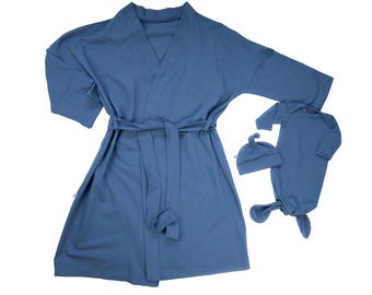 Steel blue labor and delivery gown maternity robe and baby gown and hat