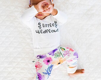 Floral baby girl coming home outfit with top knot hat or headband