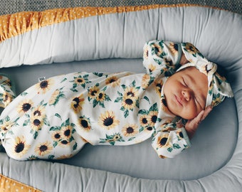 Sunflower design knotted baby gown with top knot hat or headband, baby girl coming home outfit