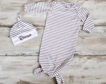 Striped baby gown with embroidered name on top knot hat