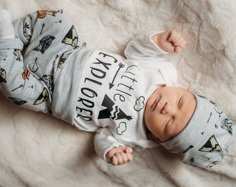 Woodland design newborn boy first outfit with hat, pants and bodysuit