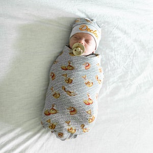 Fox design baby boy or girl swaddle and hat set with name embroidery