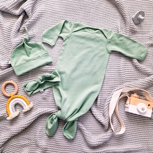Sage color knotted baby gown with top knot hat or headband, baby girl or boy coming home outfit