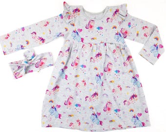 Unicorn ruffled toddler dress, pink and purle print 18m up to 8T