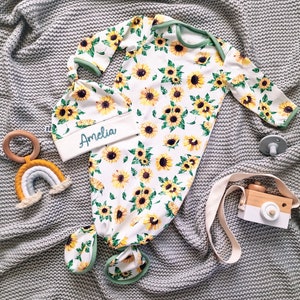 Sunflower knotted baby gown with personalized top knot hat, embroidered name