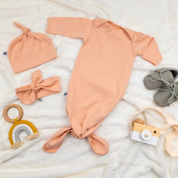 Light peach orange knotted baby gown with top knot hat or headband, baby girl coming home outfit
