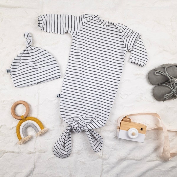White striped knotted baby gown with top knot hat or headband, baby girl or boy coming home outfit, unisex, neutral, minimalist