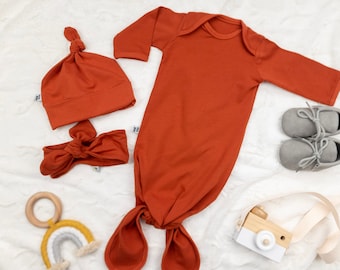 Burnt orange knotted baby gown with top knot hat or headband, baby girl or boy coming home outfit