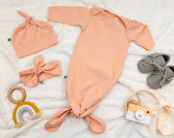 Light peach orange knotted baby gown with top knot hat or headband, baby girl coming home outfit