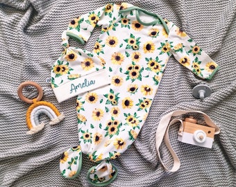 Sunflower knotted baby gown with personalized top knot hat, embroidered name