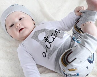 Rainbow baby boy outfit with custom baby's name bodysuit, pants and top knot hat