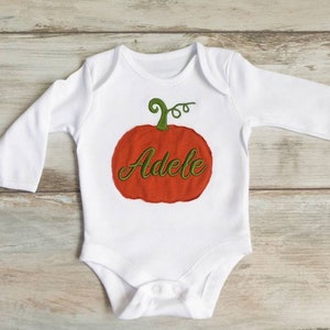 Pumpkin custom name embroidered baby girl or boy bodysuit in burnt orange color image 2