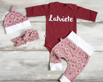 Latvian national costume inspired baby girl outfit with hat or headband, harem type pants and bodysuit, folkloric print fabric, Latvia