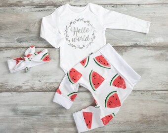 Hello world newborn girl outfit summer, home coming outfit, watermelon baby, baby coming home set, newborn baby summer clothes