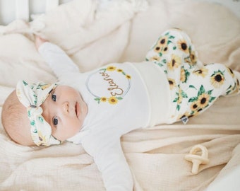 Sunflower baby girl outfit with embroidered name bodysuit, pants and top knot hat or headband