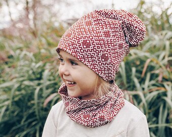 Jersey beanie hat with Latvian folkloric inspired design