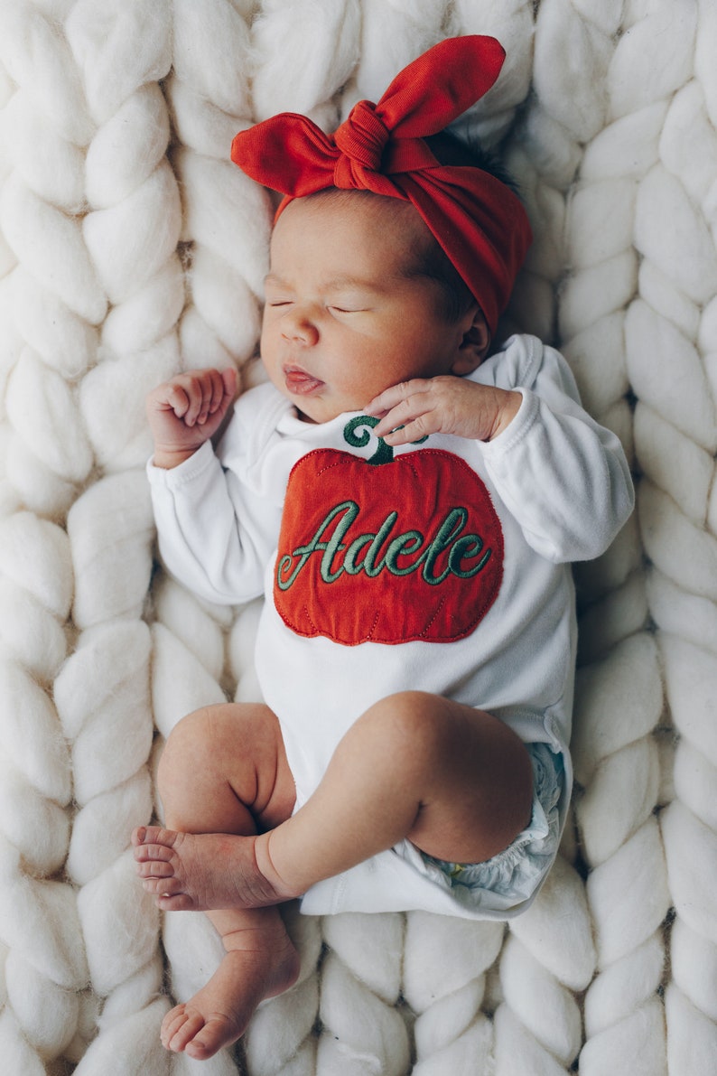 Pumpkin custom name embroidered baby girl or boy bodysuit in burnt orange color image 9