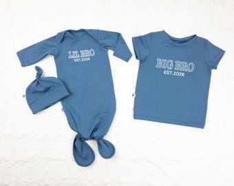 Little Brother Big brother Steal blue knotted baby gown with top knot hat and t-shirt
