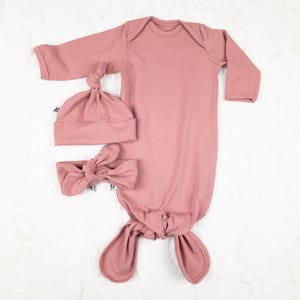 Dark pink knotted baby gown with top knot hat or headband, baby girl coming home outfit