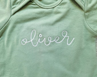 Name embroidered sage green knotted baby gown with top knot hat or headband