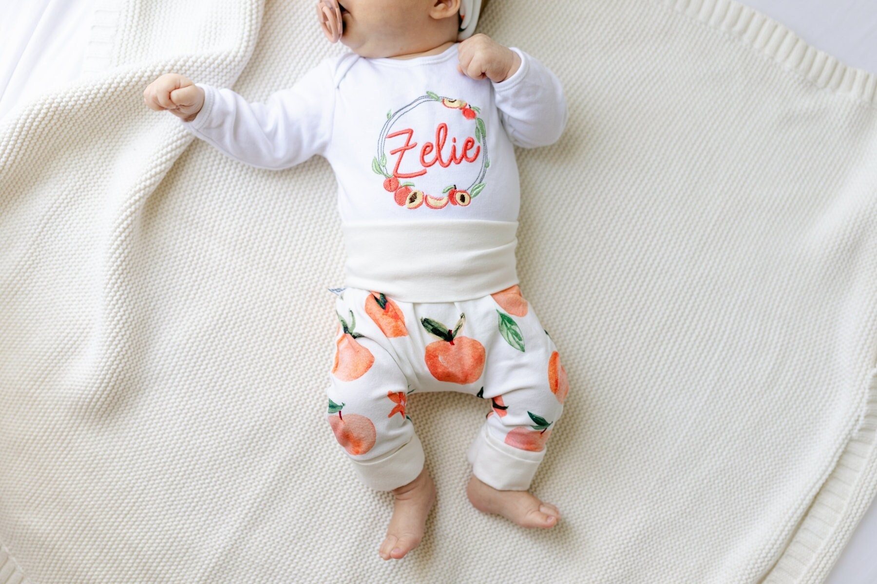 Peach baby girl outfit with embroidered name bodysuit, pants and top knot hat or headband