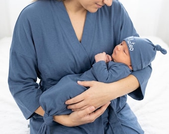 Embroidered custom blue labor and delivery gown maternity robe and baby gown and hat
