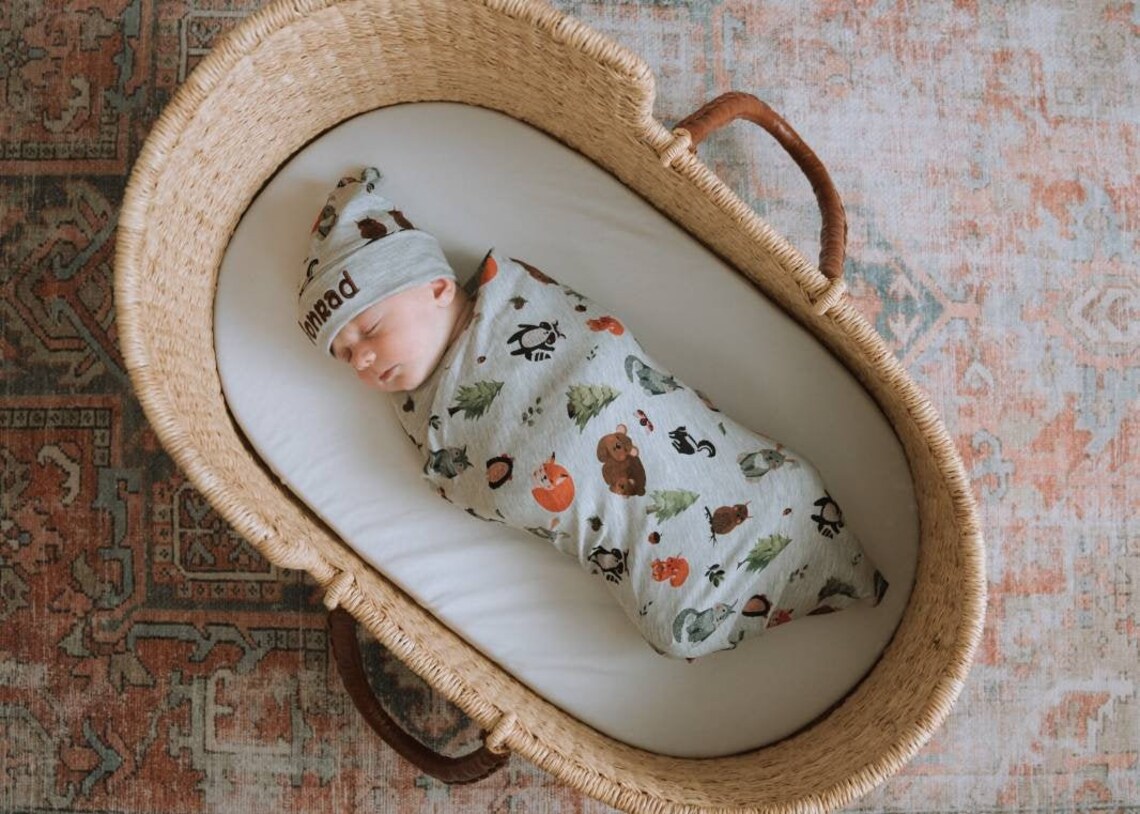 Woodland Baby Boy Swaddle and Hat Set With Name Embroidery Etsy