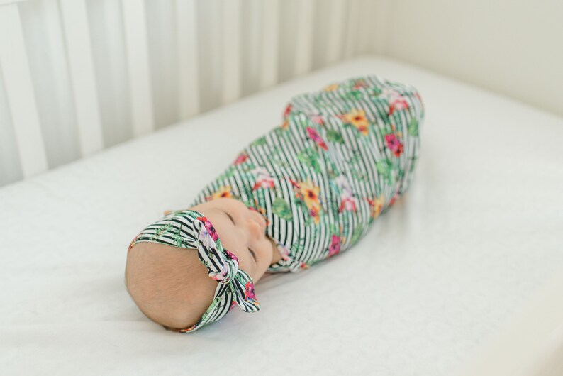 Floral striped swaddle blanket 35x40 with bow or Etsy