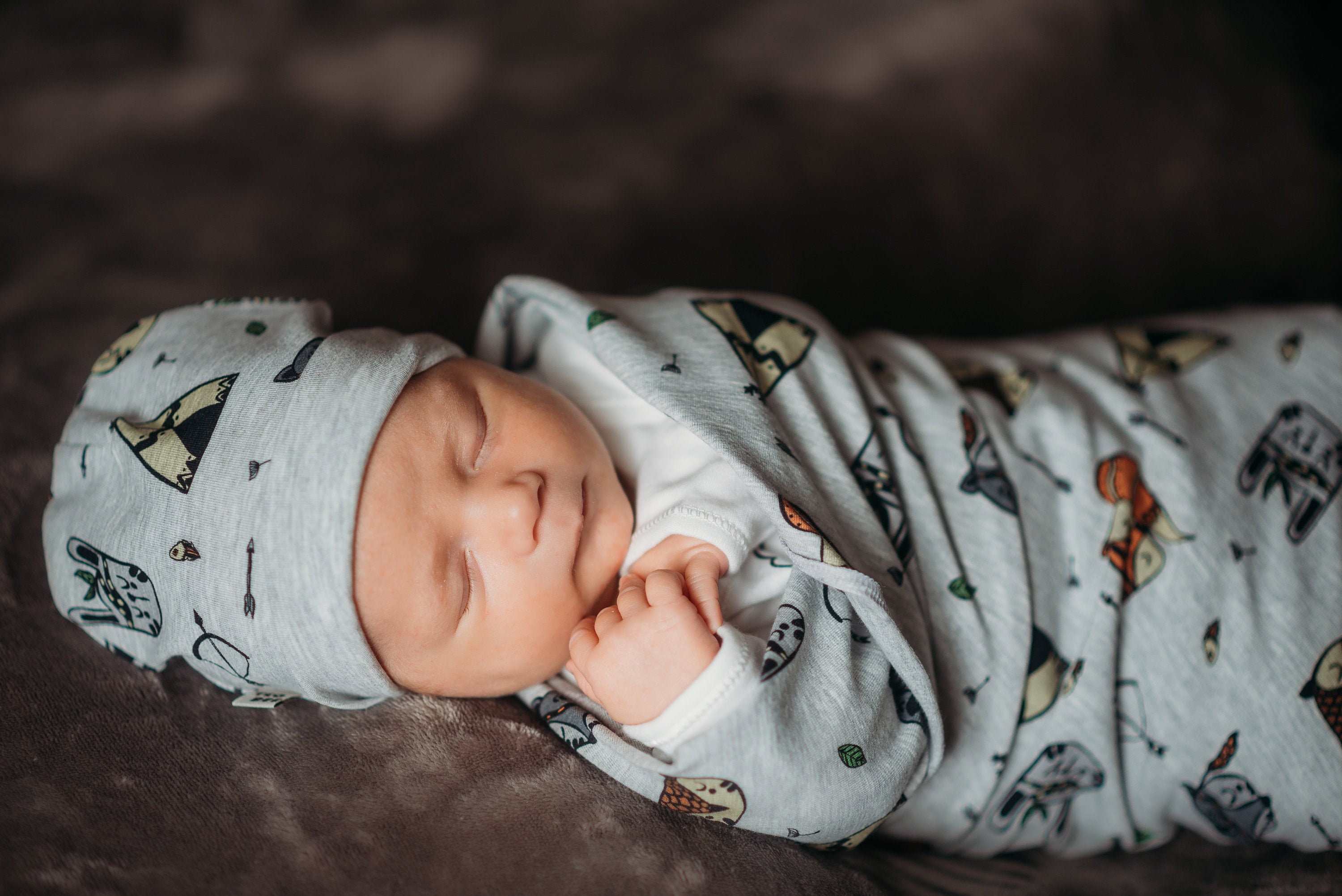 Baby boy swaddle set with hat with forest animal print Etsy