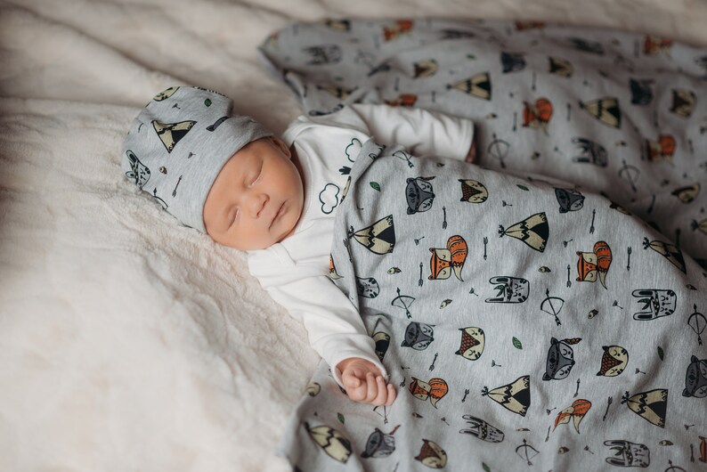 Baby Boy Swaddle Set With Hat With Forest Animal Print Etsy