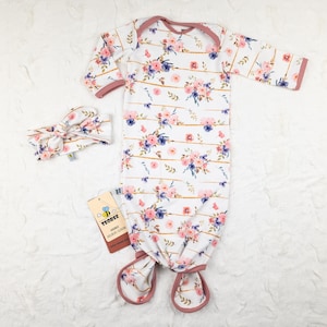 Pink and gold floral design knotted baby gown with top knot hat or headband