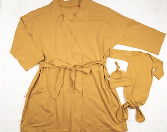 Mustard yellow Maternity robe and baby gown set and hat mom son boy birthing