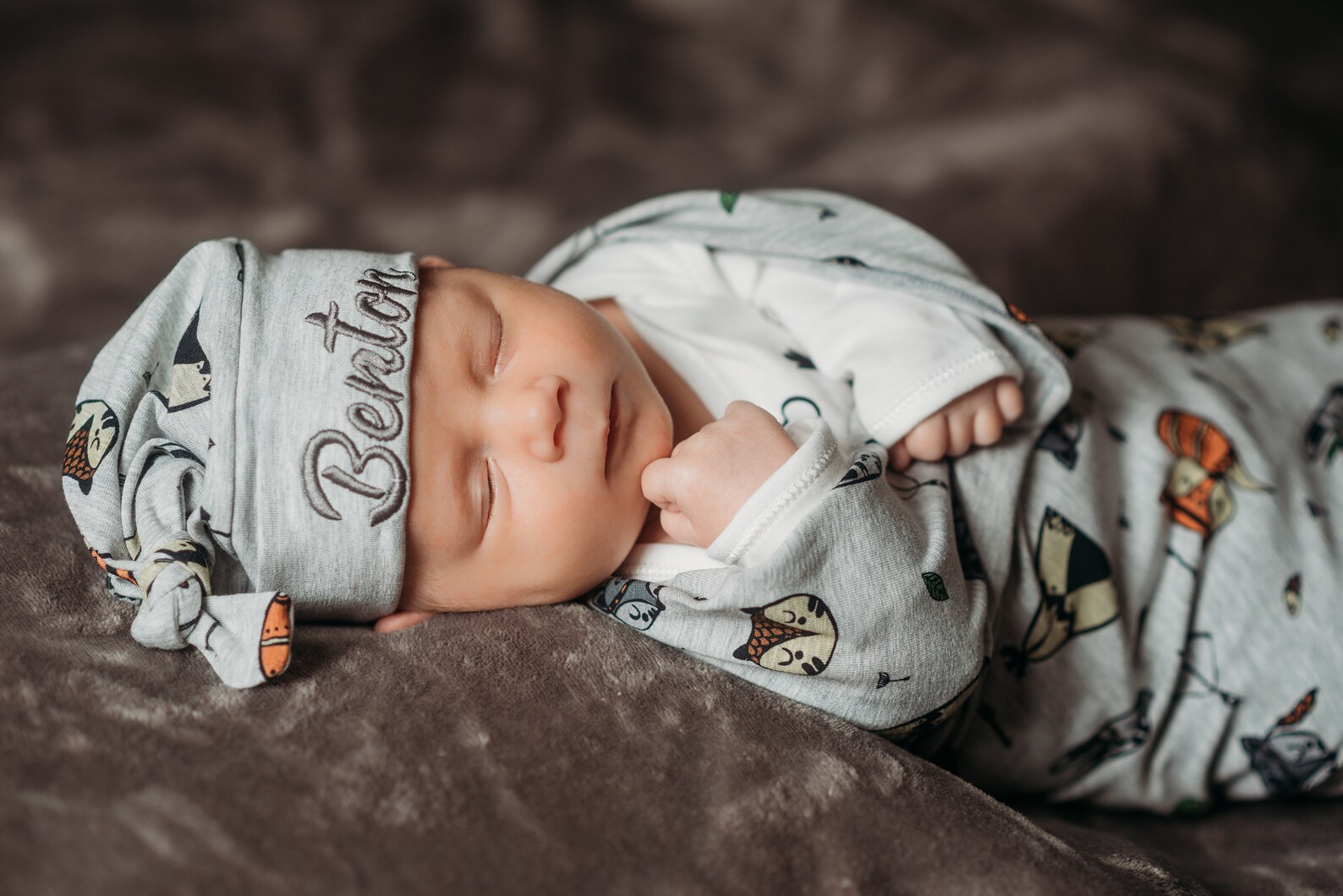 Woodland Animal Print Swaddle Set With Personalized Hat Etsy