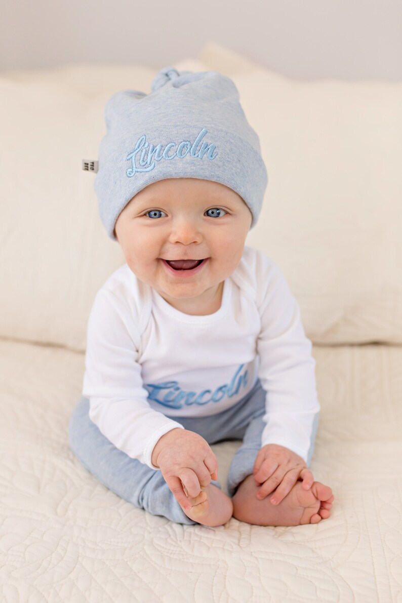 Personalized blue baby boy outfit with embroidered name on hat Etsy