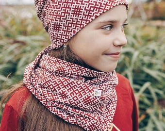 Jersey infinity scarf with Latvian folkloric inspired design